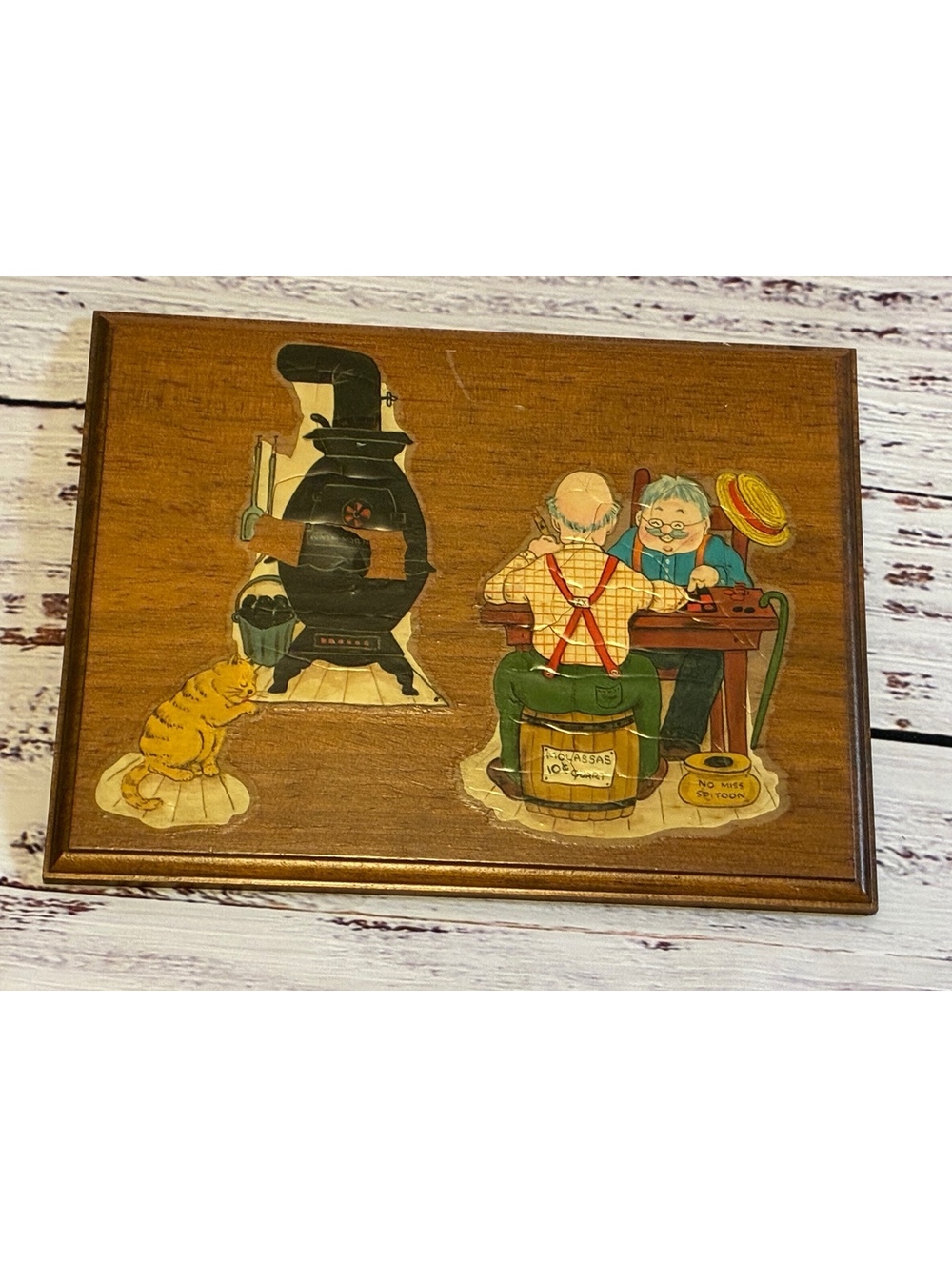 Vintage Folk Art Wooden Wall Plaque Grandma by Stove Scene
